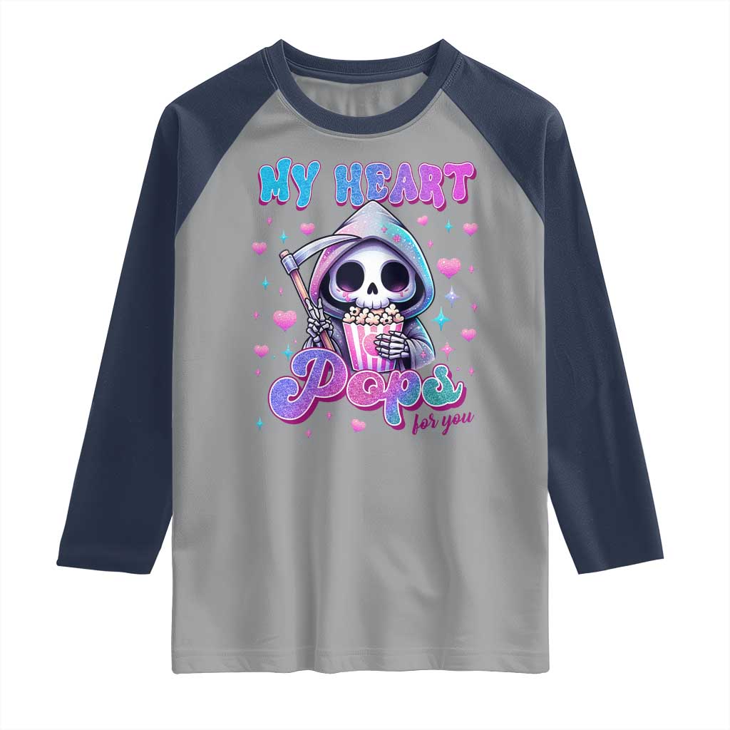 Funny Valentine's Day Raglan Shirt My Heart Pops For You Cute Death Grim Popcorn