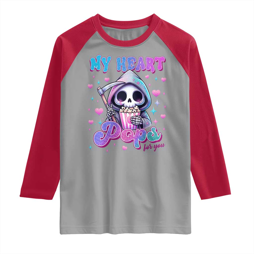 Funny Valentine's Day Raglan Shirt My Heart Pops For You Cute Death Grim Popcorn