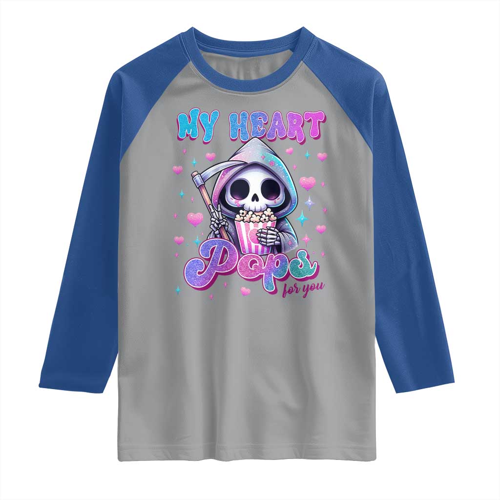 Funny Valentine's Day Raglan Shirt My Heart Pops For You Cute Death Grim Popcorn