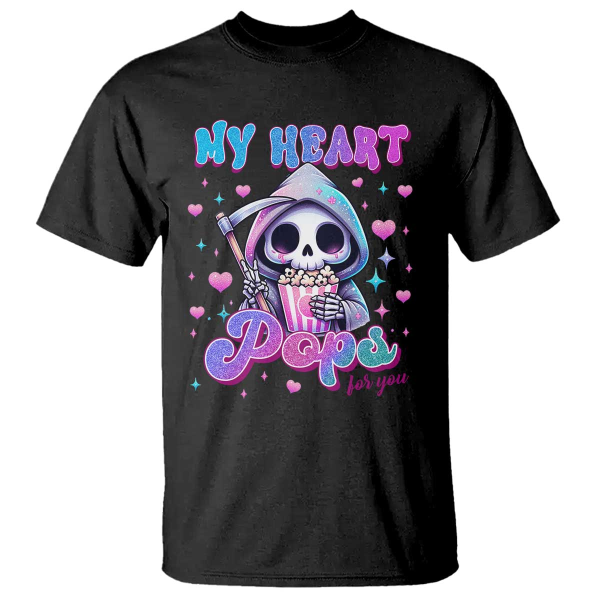 Funny Valentine's Day T Shirt My Heart Pops For You Cute Death Grim Popcorn