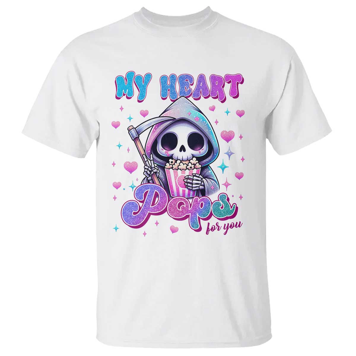 Funny Valentine's Day T Shirt My Heart Pops For You Cute Death Grim Popcorn