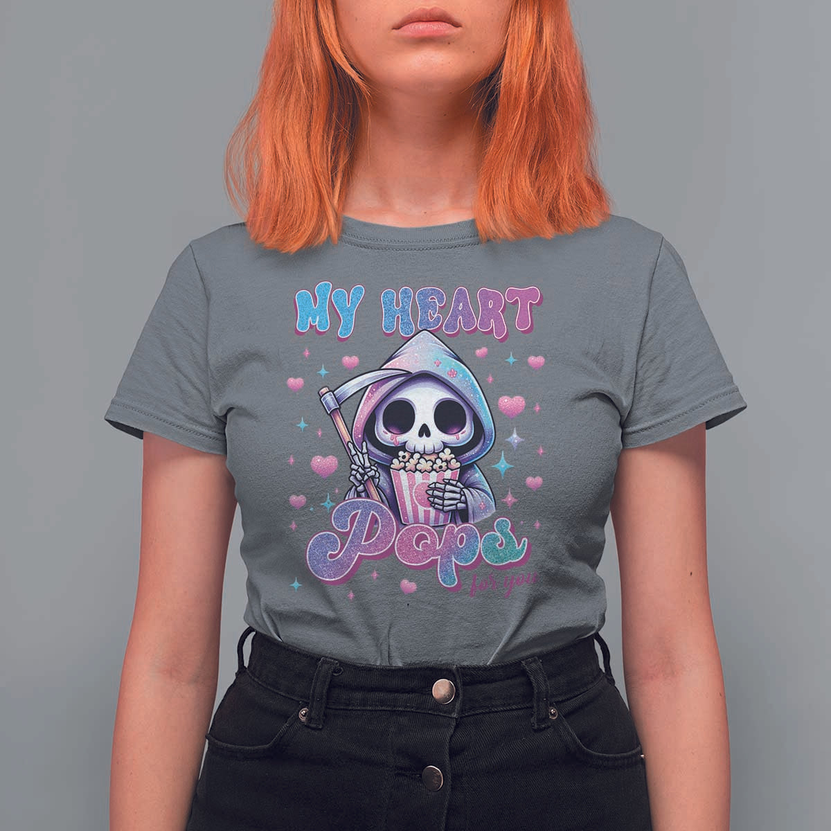 Funny Valentine's Day T Shirt For Women My Heart Pops For You Cute Death Grim Popcorn