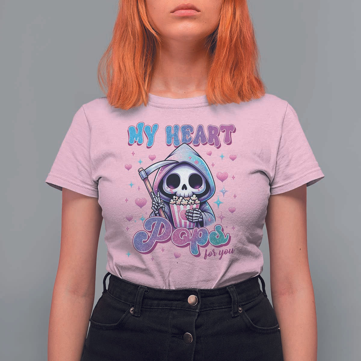 Funny Valentine's Day T Shirt For Women My Heart Pops For You Cute Death Grim Popcorn
