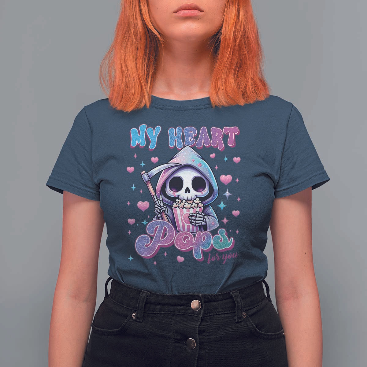 Funny Valentine's Day T Shirt For Women My Heart Pops For You Cute Death Grim Popcorn