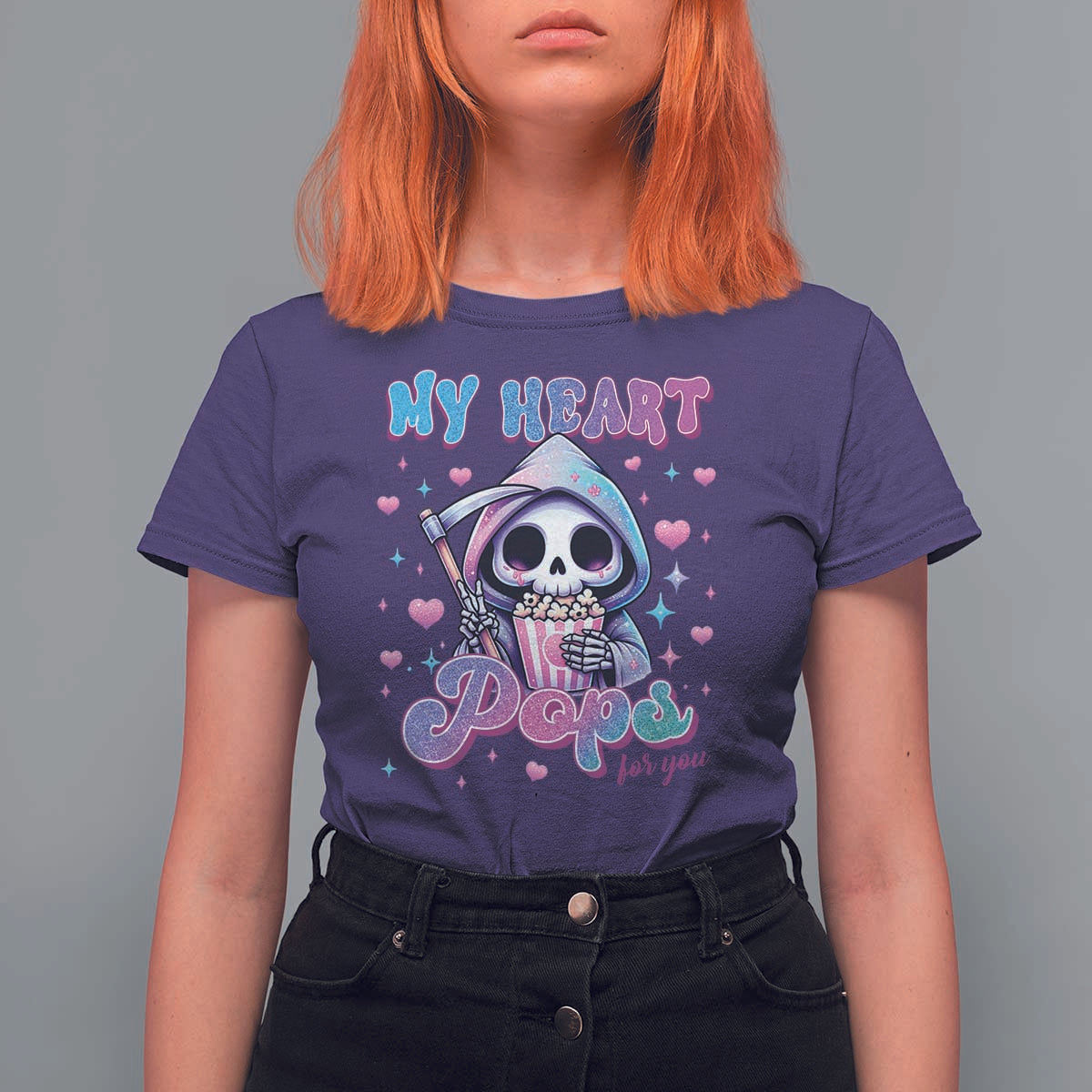 Funny Valentine's Day T Shirt For Women My Heart Pops For You Cute Death Grim Popcorn