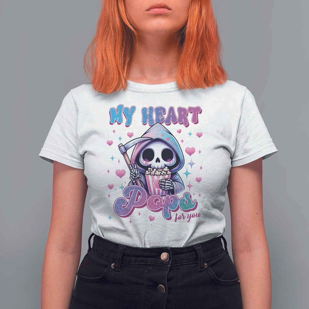 Funny Valentine's Day T Shirt For Women My Heart Pops For You Cute Death Grim Popcorn