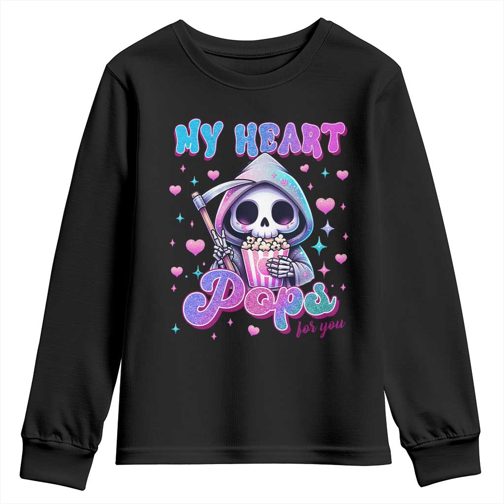 Funny Valentine's Day Youth Sweatshirt My Heart Pops For You Cute Death Grim Popcorn
