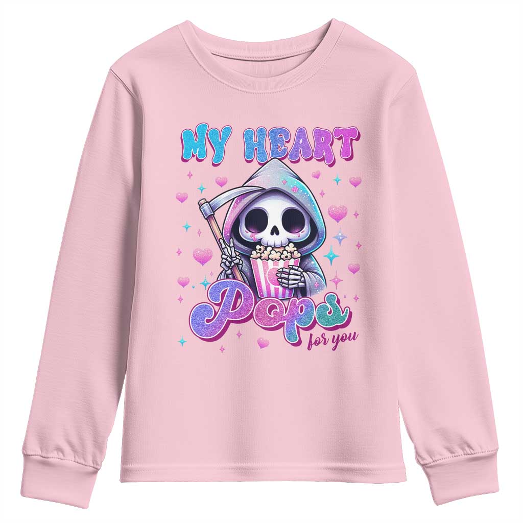Funny Valentine's Day Youth Sweatshirt My Heart Pops For You Cute Death Grim Popcorn
