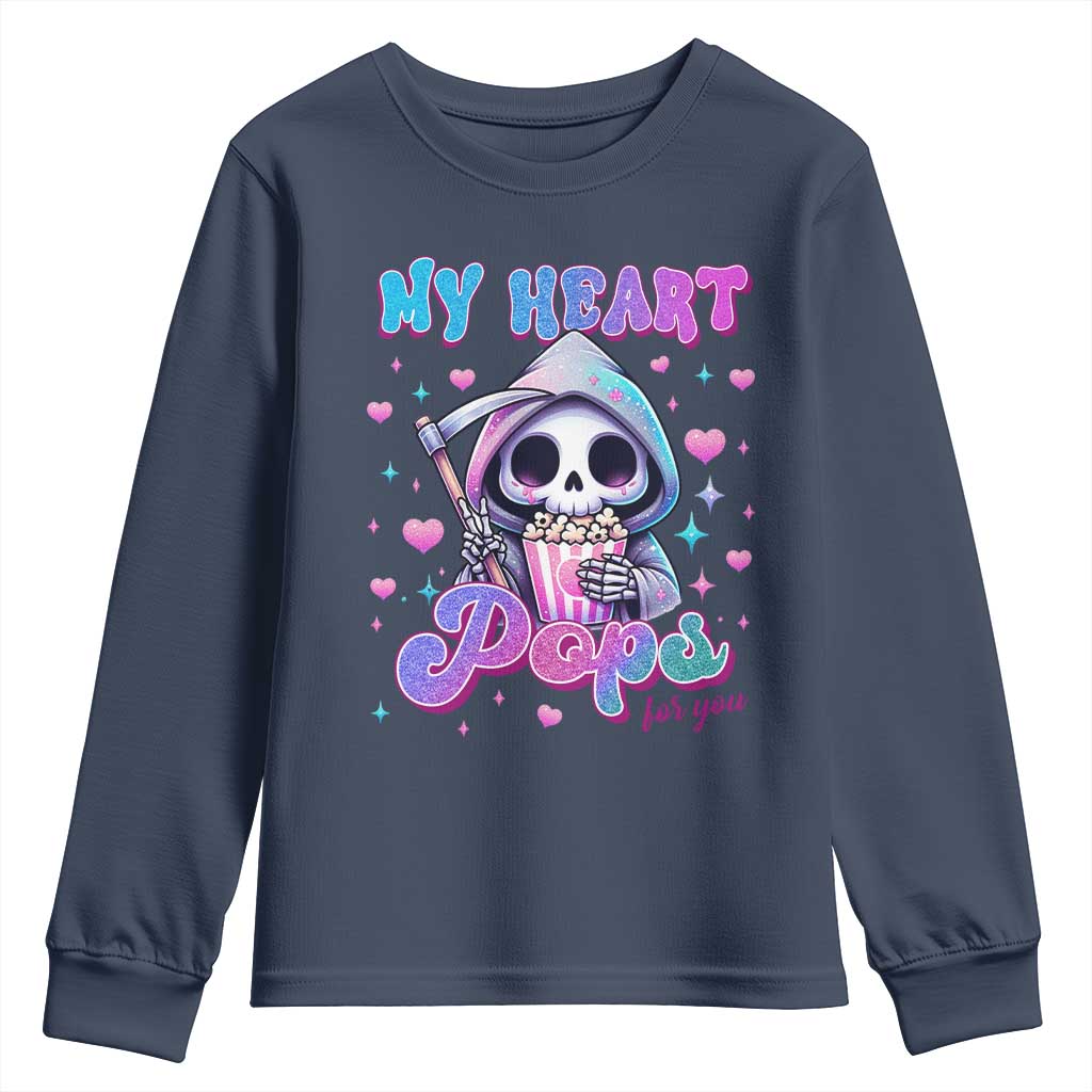 Funny Valentine's Day Youth Sweatshirt My Heart Pops For You Cute Death Grim Popcorn