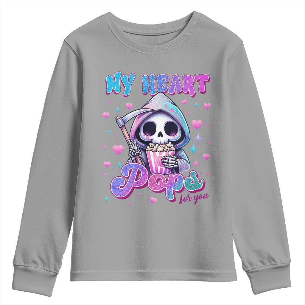 Funny Valentine's Day Youth Sweatshirt My Heart Pops For You Cute Death Grim Popcorn