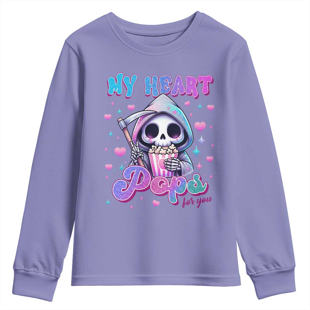 Funny Valentine's Day Youth Sweatshirt My Heart Pops For You Cute Death Grim Popcorn