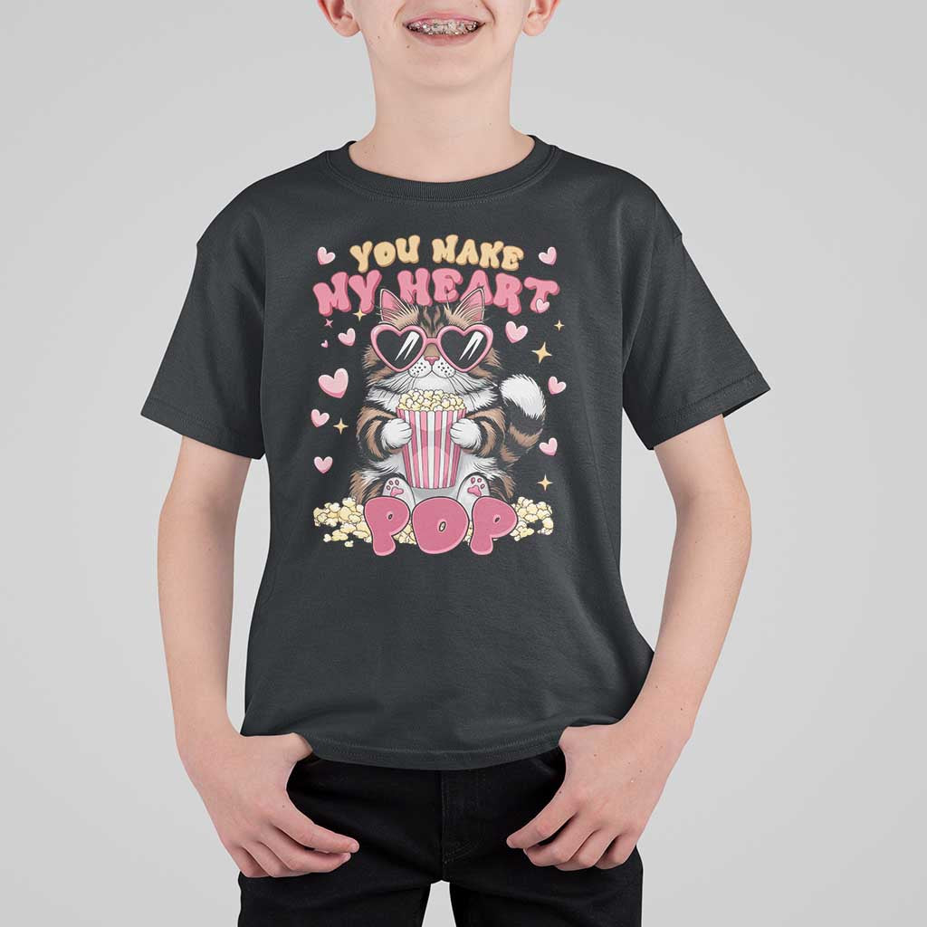 Funny Valentine's Day T Shirt For Kid You Make My Heart Pop Cute Cat Popcorn