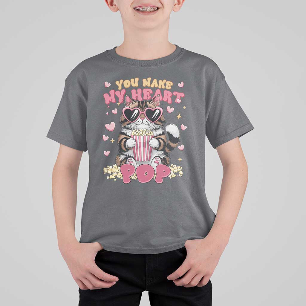 Funny Valentine's Day T Shirt For Kid You Make My Heart Pop Cute Cat Popcorn