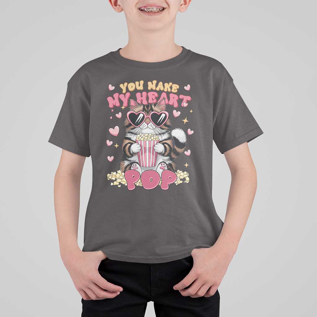 Funny Valentine's Day T Shirt For Kid You Make My Heart Pop Cute Cat Popcorn