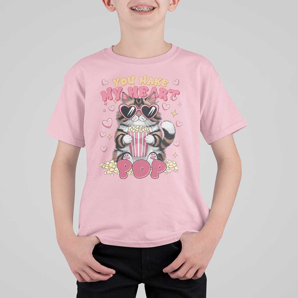 Funny Valentine's Day T Shirt For Kid You Make My Heart Pop Cute Cat Popcorn
