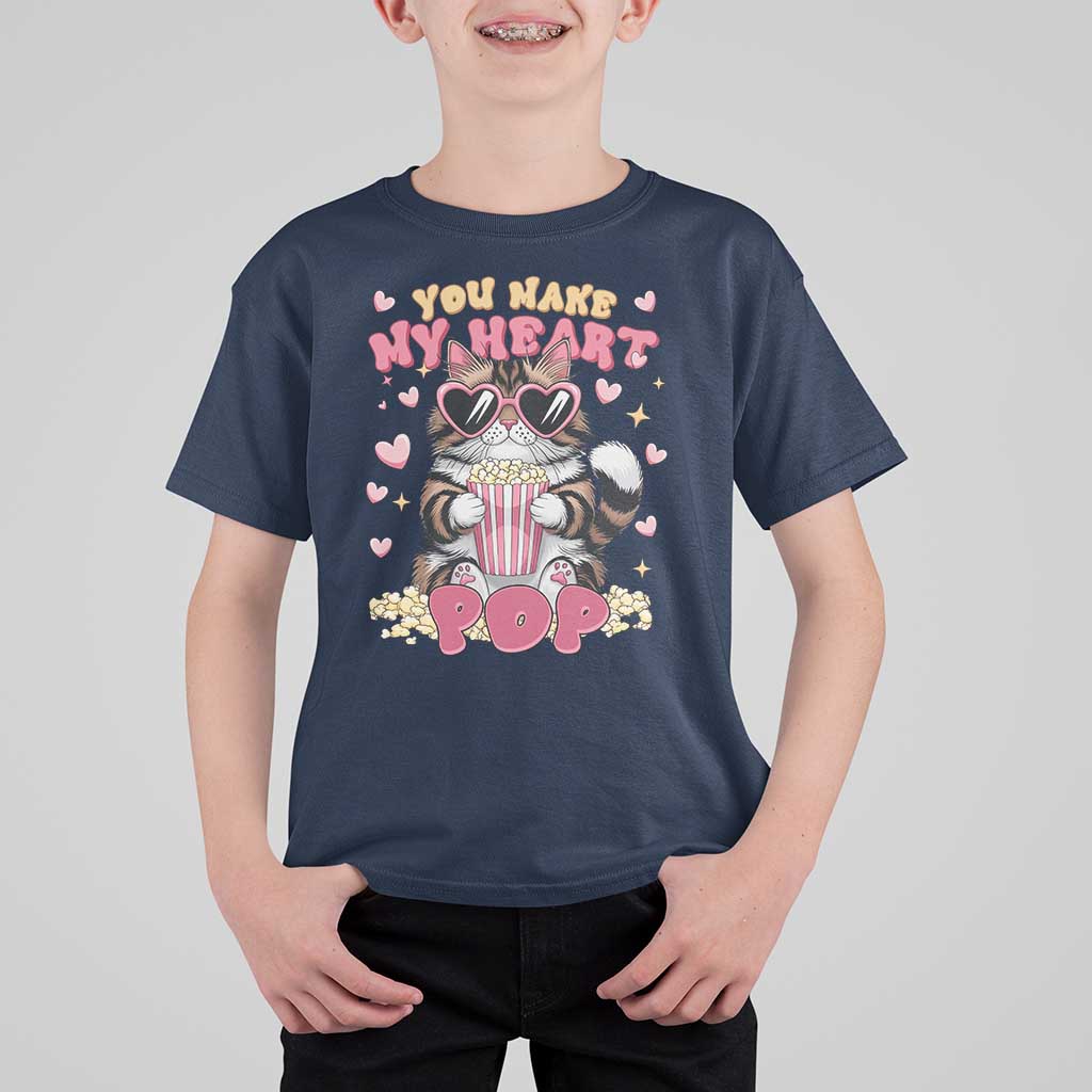 Funny Valentine's Day T Shirt For Kid You Make My Heart Pop Cute Cat Popcorn