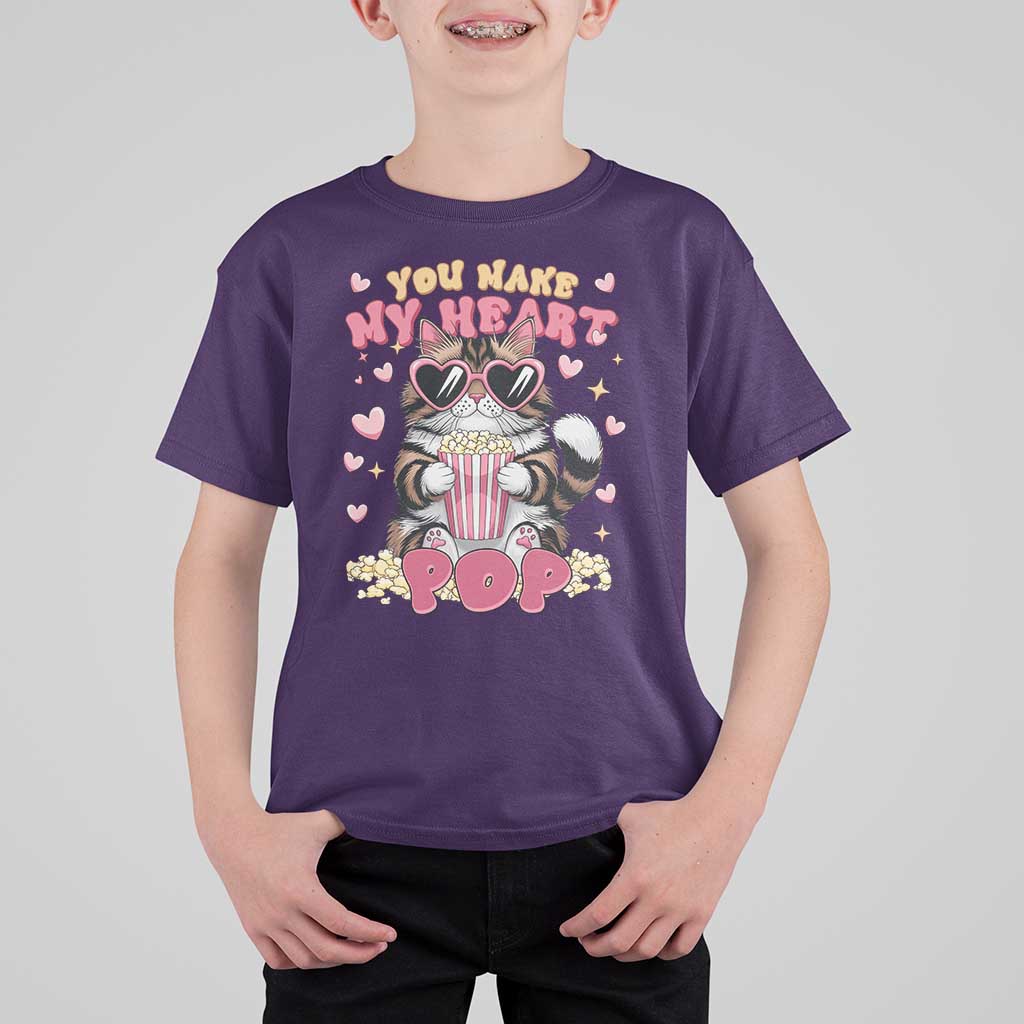 Funny Valentine's Day T Shirt For Kid You Make My Heart Pop Cute Cat Popcorn