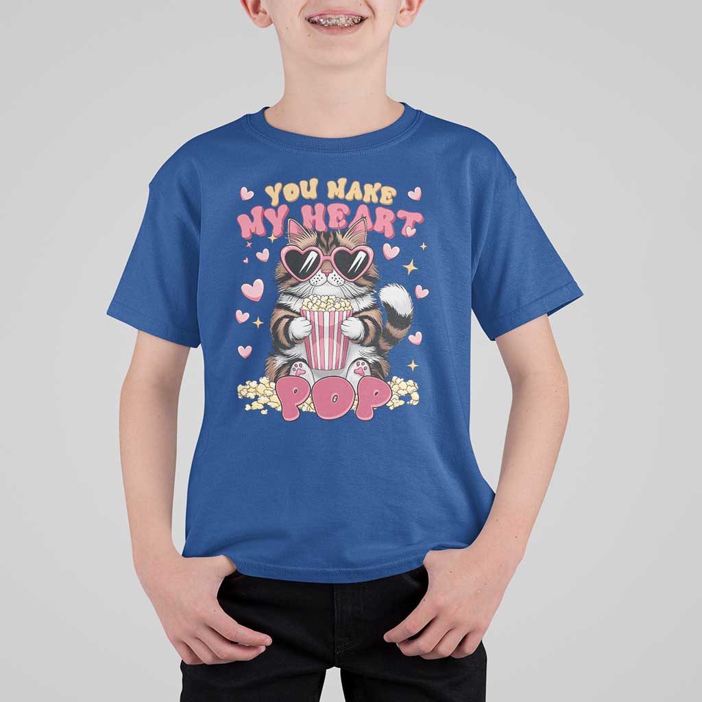 Funny Valentine's Day T Shirt For Kid You Make My Heart Pop Cute Cat Popcorn