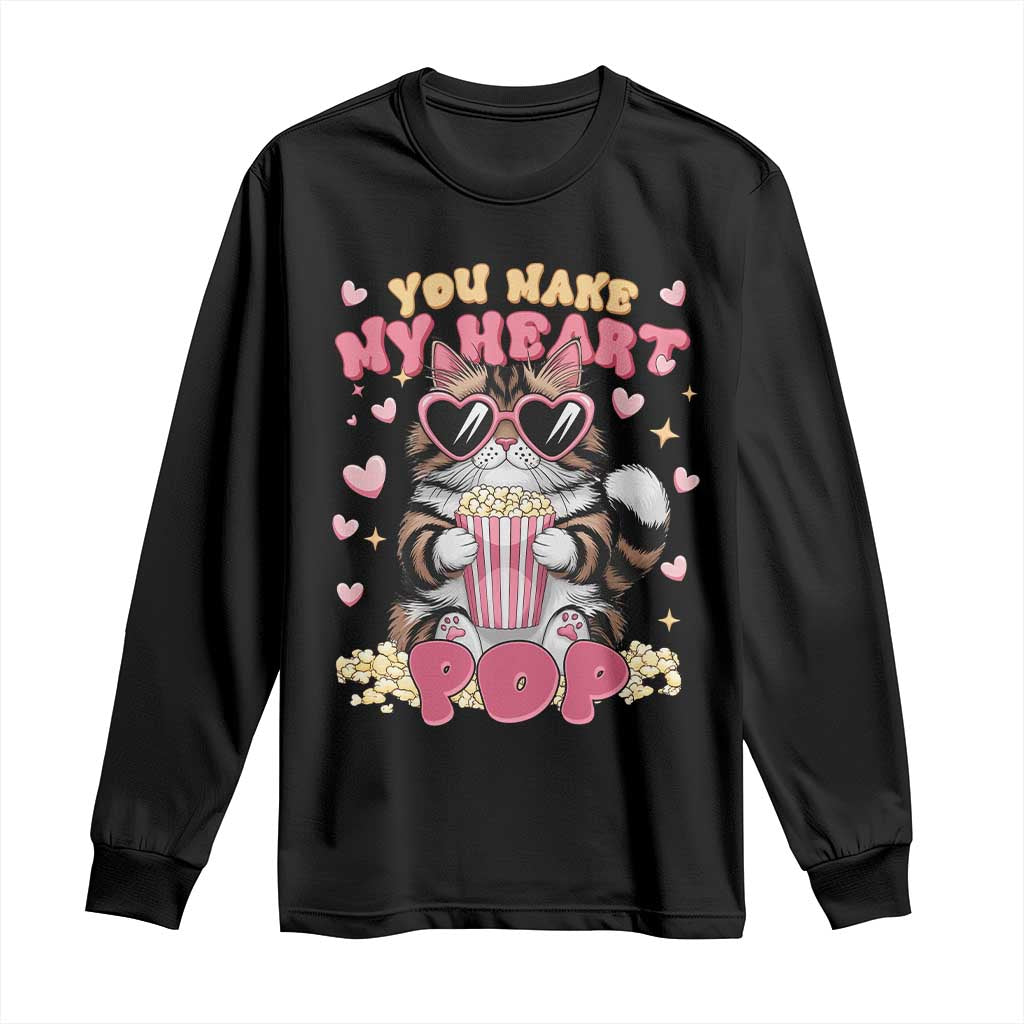 Funny Valentine's Day Long Sleeve Shirt You Make My Heart Pop Cute Cat Popcorn