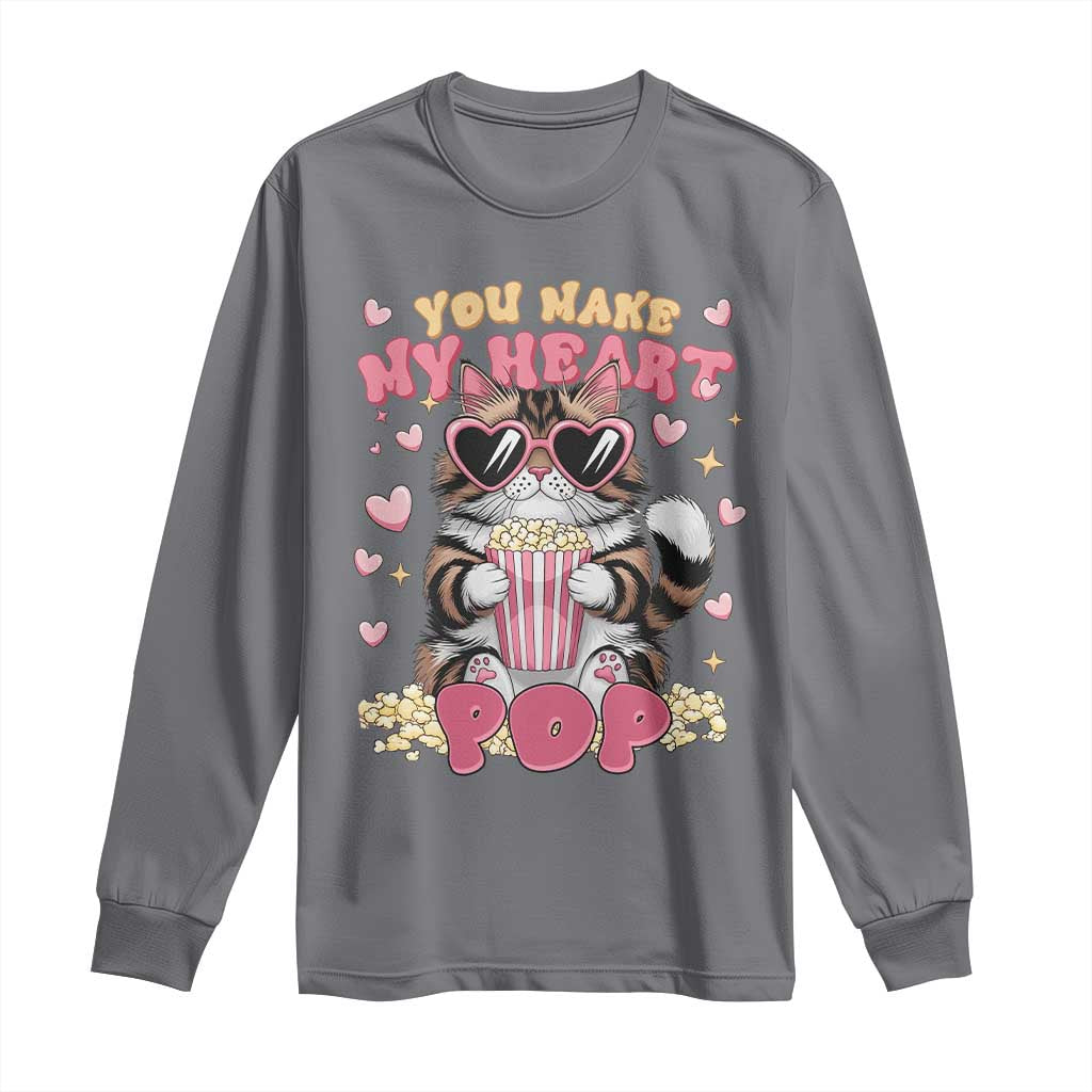Funny Valentine's Day Long Sleeve Shirt You Make My Heart Pop Cute Cat Popcorn