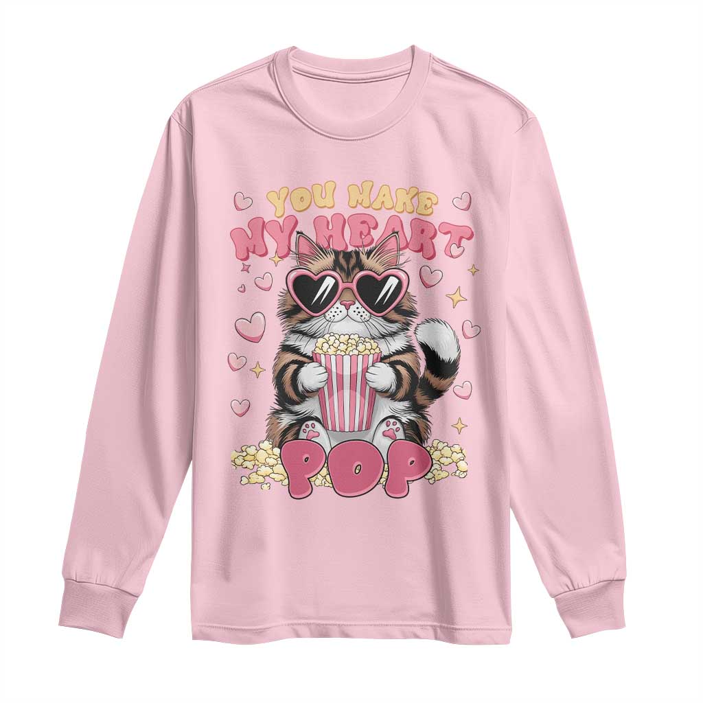 Funny Valentine's Day Long Sleeve Shirt You Make My Heart Pop Cute Cat Popcorn