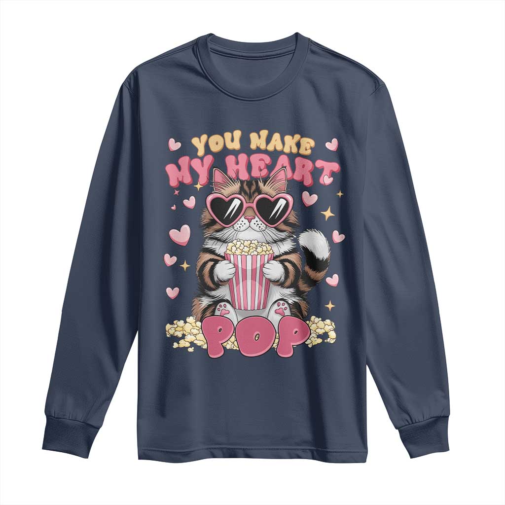 Funny Valentine's Day Long Sleeve Shirt You Make My Heart Pop Cute Cat Popcorn