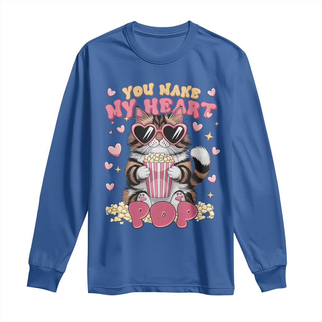 Funny Valentine's Day Long Sleeve Shirt You Make My Heart Pop Cute Cat Popcorn