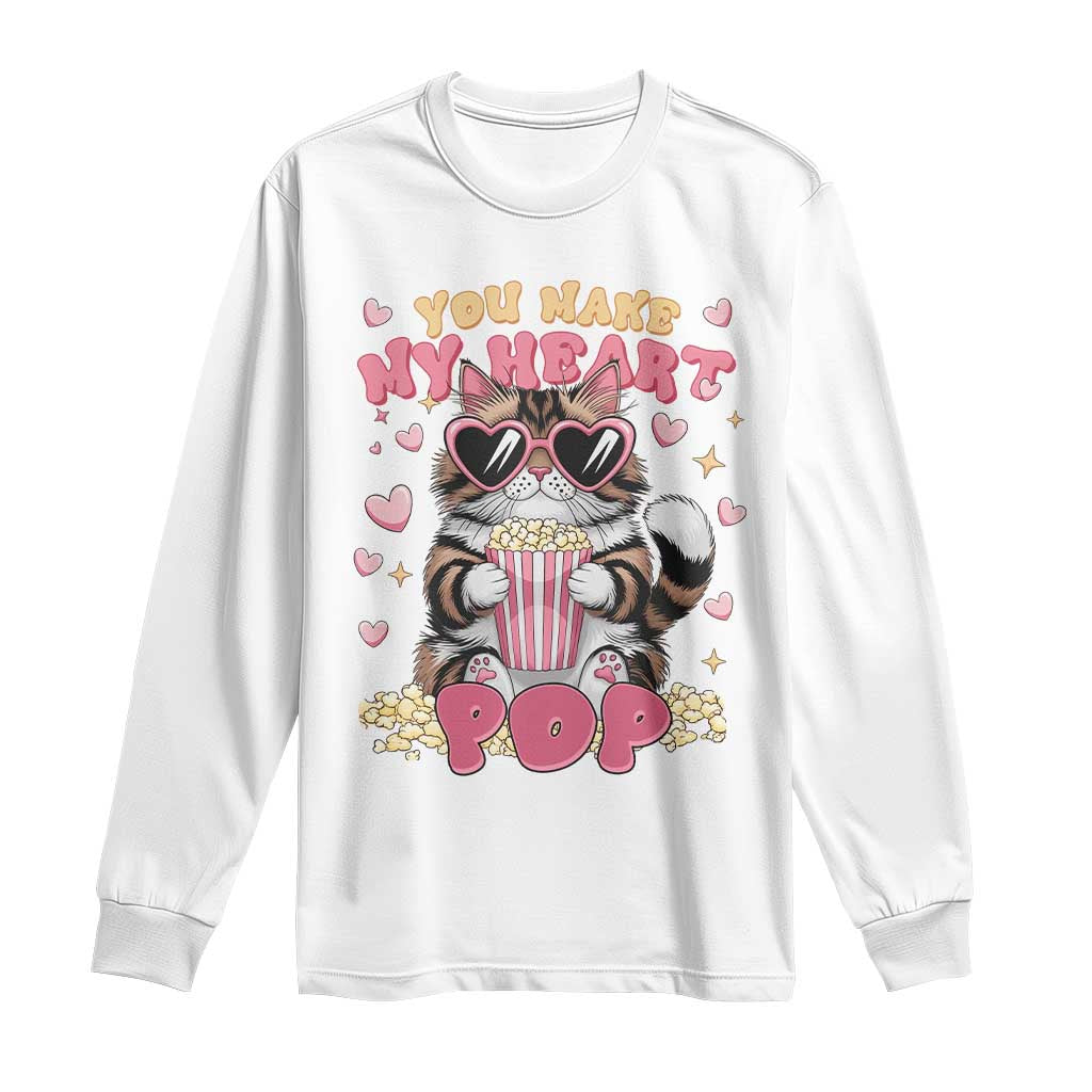 Funny Valentine's Day Long Sleeve Shirt You Make My Heart Pop Cute Cat Popcorn