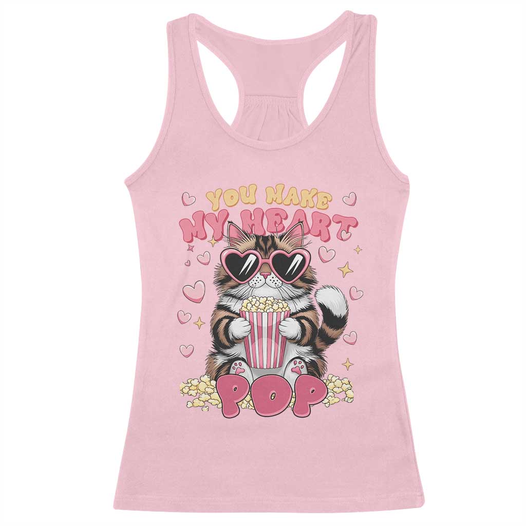 Funny Valentine's Day Racerback Tank Top You Make My Heart Pop Cute Cat Popcorn