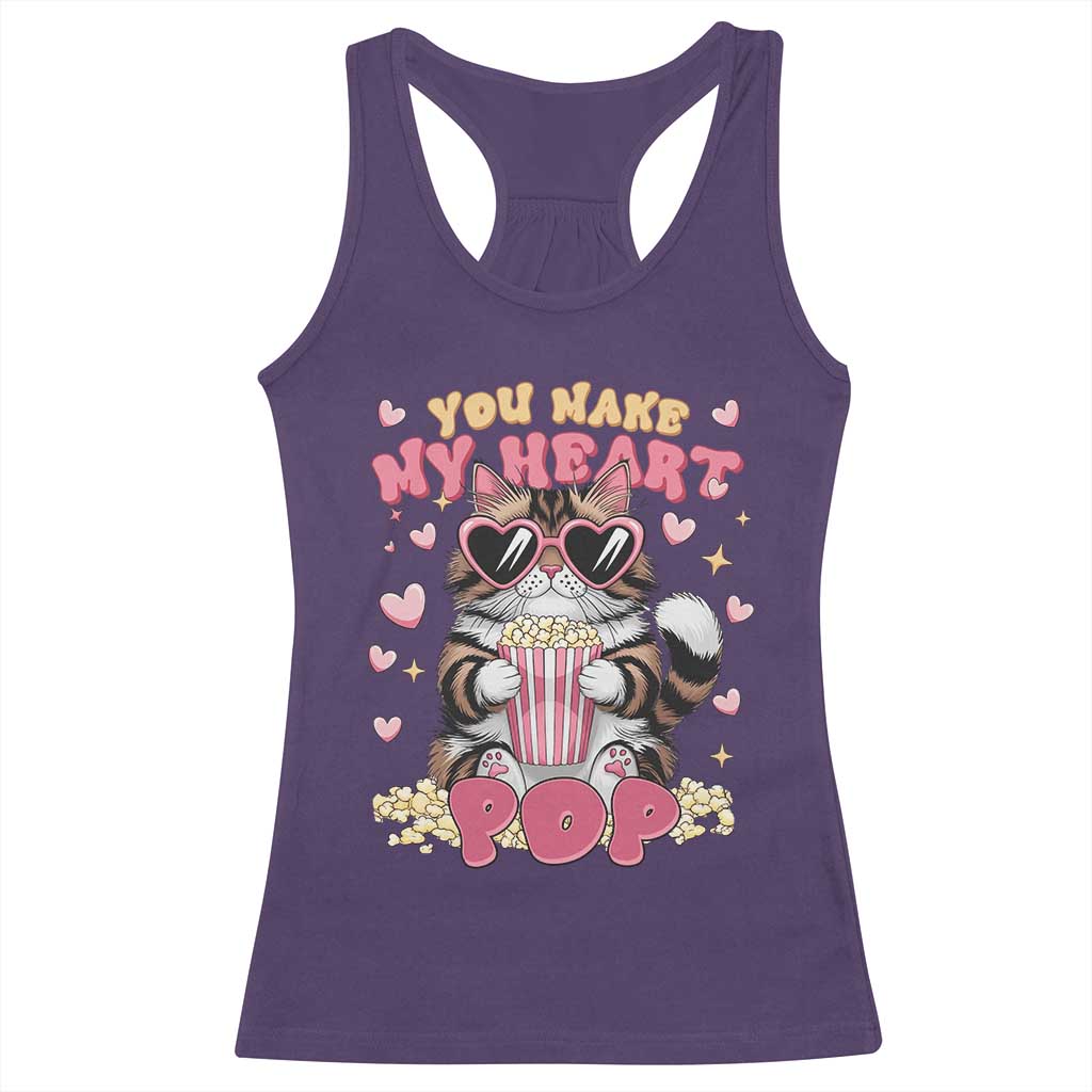 Funny Valentine's Day Racerback Tank Top You Make My Heart Pop Cute Cat Popcorn