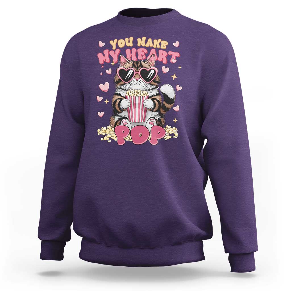 Funny Valentine's Day Sweatshirt You Make My Heart Pop Cute Cat Popcorn