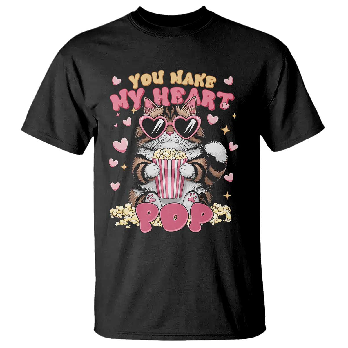 Funny Valentine's Day T Shirt You Make My Heart Pop Cute Cat Popcorn