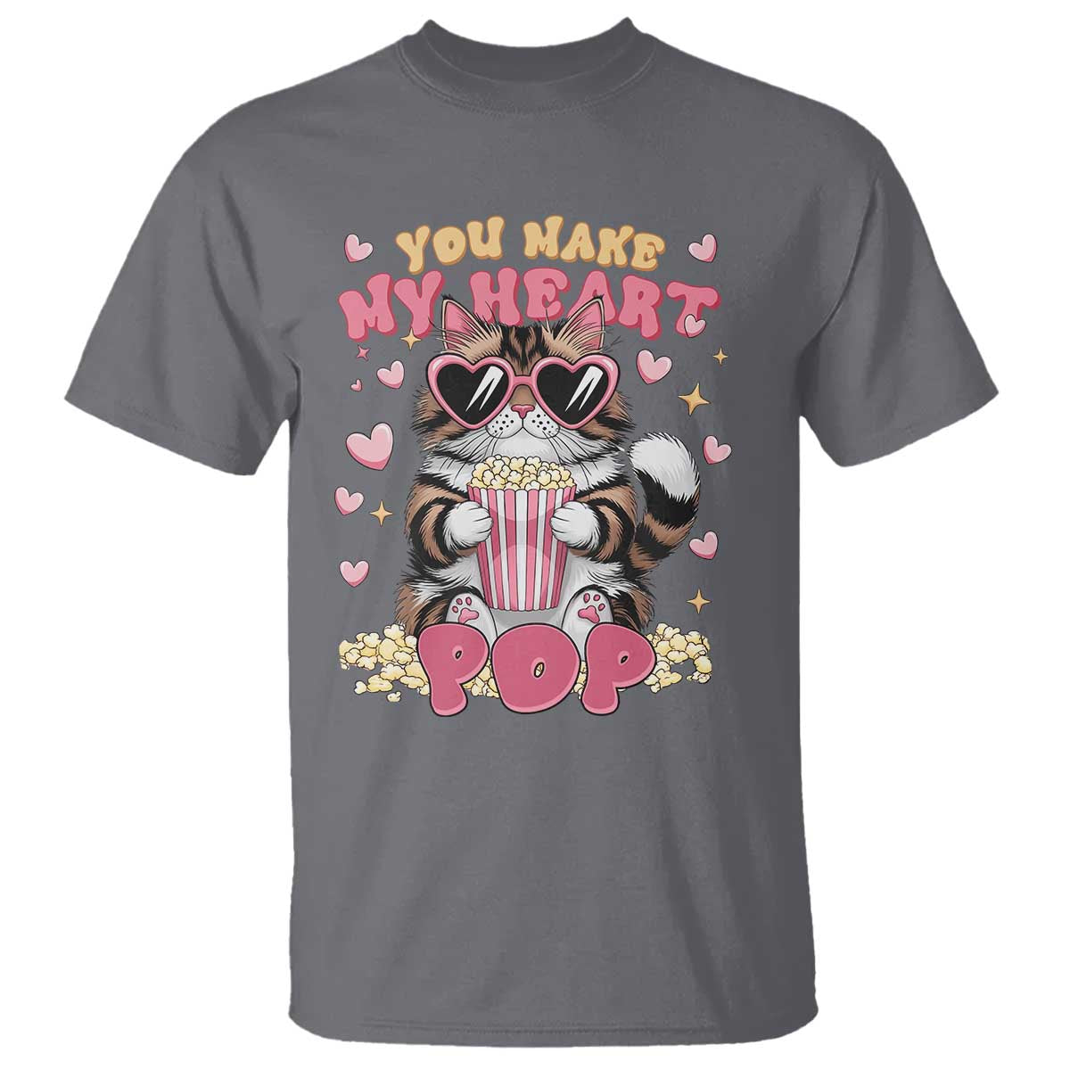 Funny Valentine's Day T Shirt You Make My Heart Pop Cute Cat Popcorn
