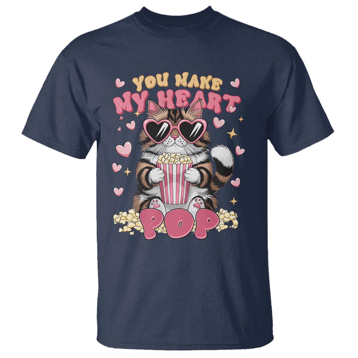 Funny Valentine's Day T Shirt You Make My Heart Pop Cute Cat Popcorn