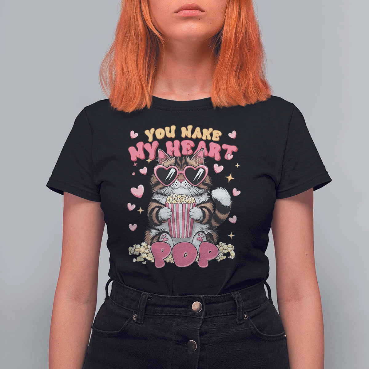 Funny Valentine's Day T Shirt For Women You Make My Heart Pop Cute Cat Popcorn