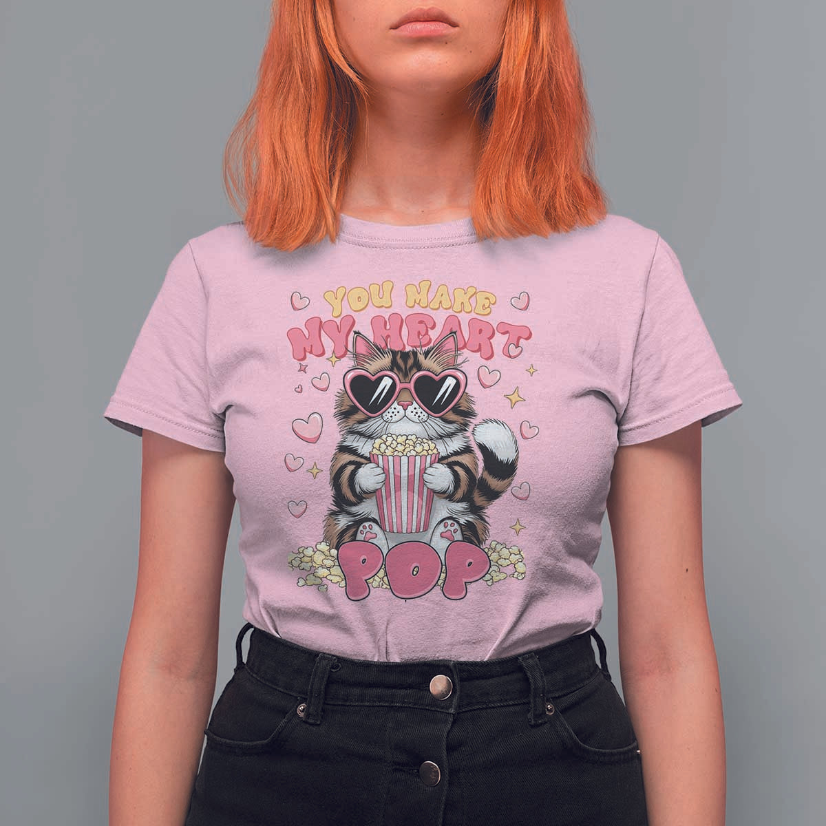 Funny Valentine's Day T Shirt For Women You Make My Heart Pop Cute Cat Popcorn