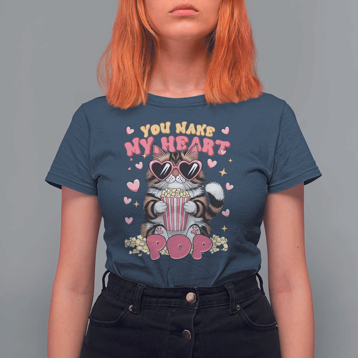 Funny Valentine's Day T Shirt For Women You Make My Heart Pop Cute Cat Popcorn