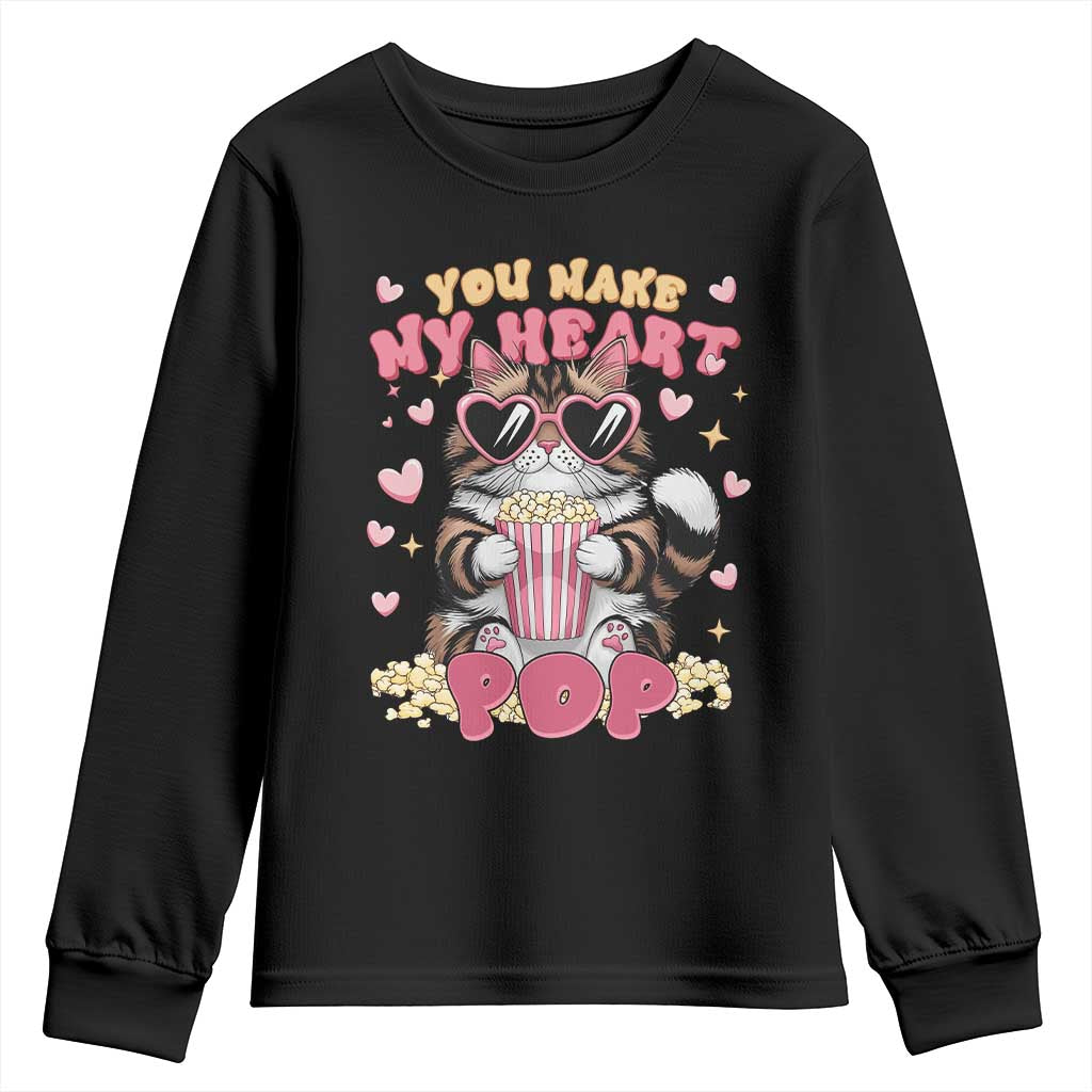 Funny Valentine's Day Youth Sweatshirt You Make My Heart Pop Cute Cat Popcorn