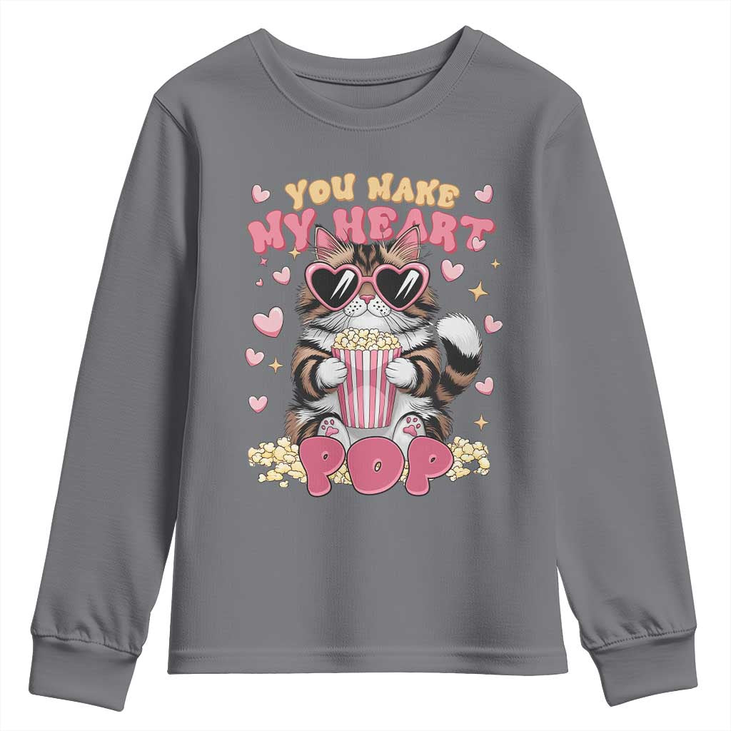 Funny Valentine's Day Youth Sweatshirt You Make My Heart Pop Cute Cat Popcorn
