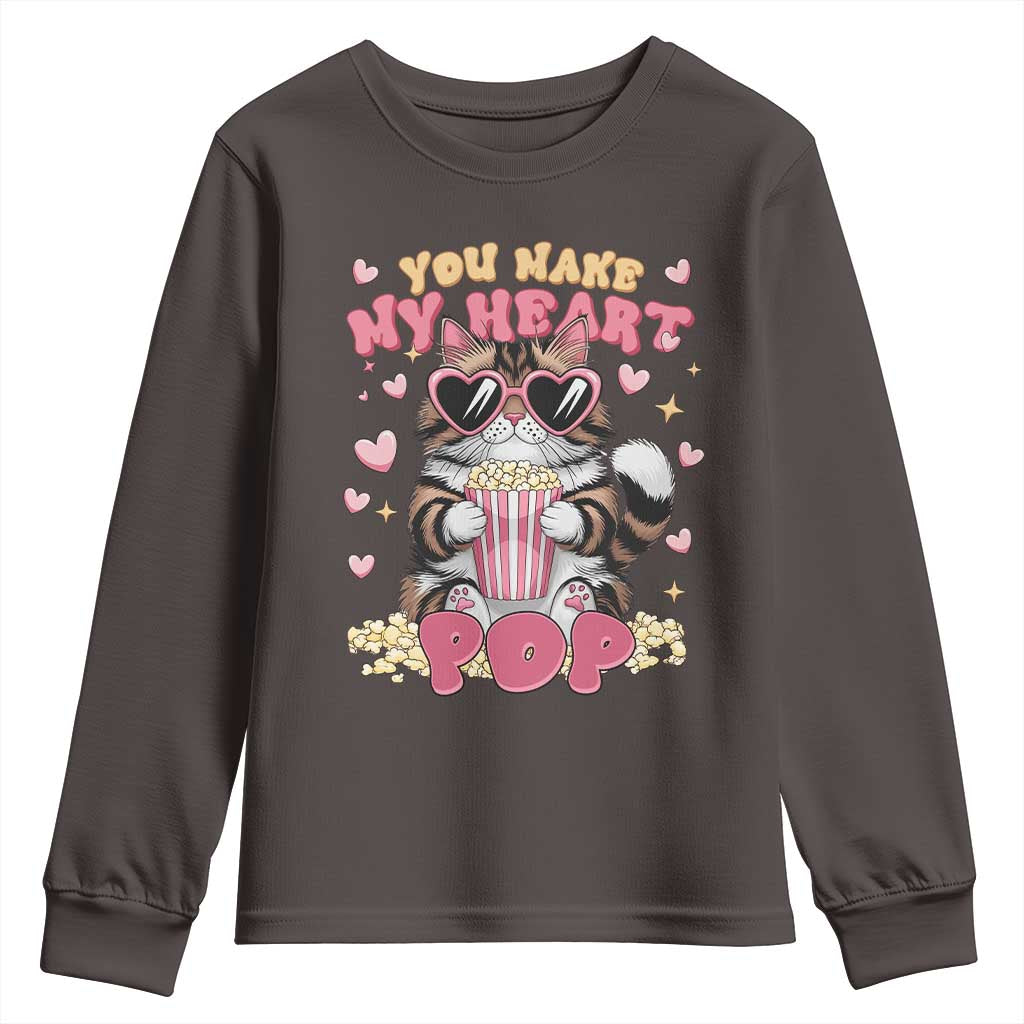 Funny Valentine's Day Youth Sweatshirt You Make My Heart Pop Cute Cat Popcorn