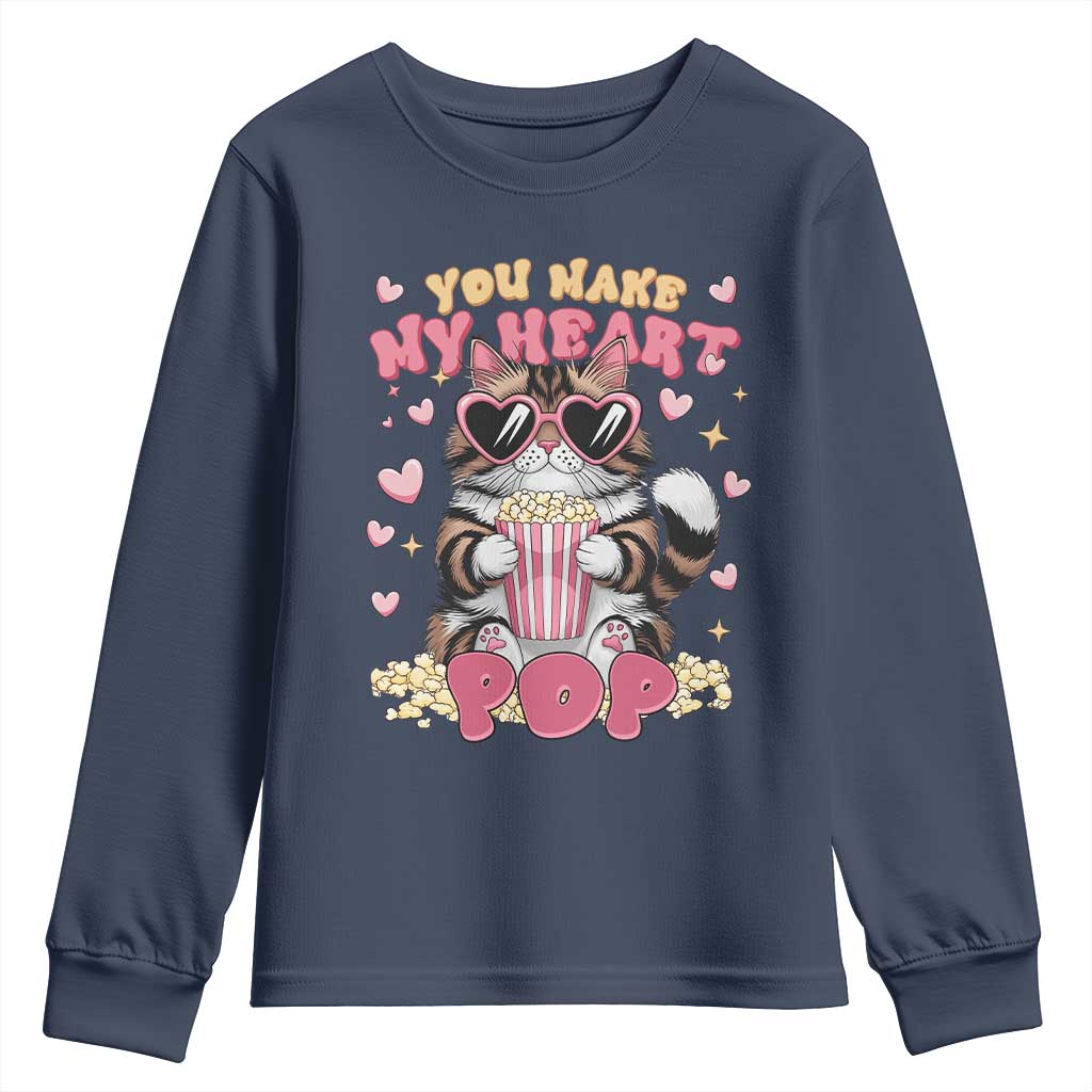 Funny Valentine's Day Youth Sweatshirt You Make My Heart Pop Cute Cat Popcorn