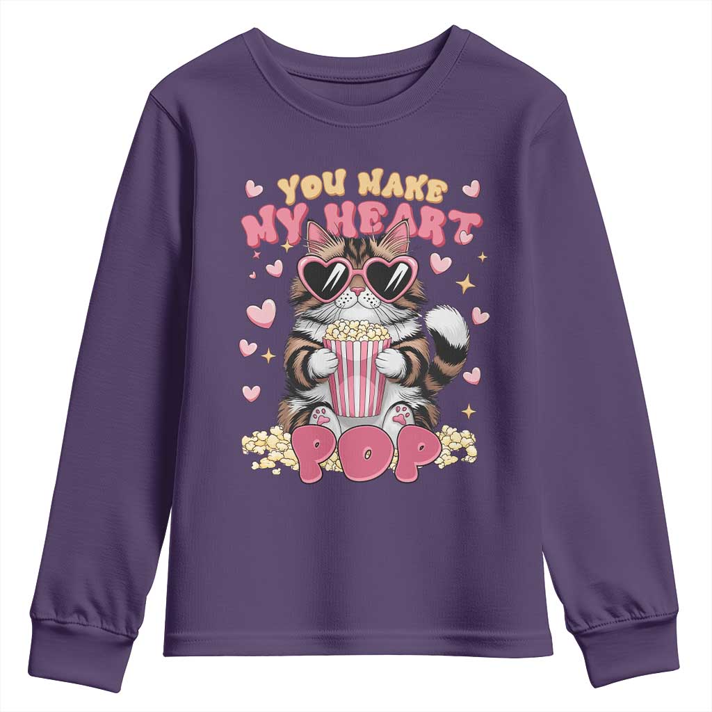 Funny Valentine's Day Youth Sweatshirt You Make My Heart Pop Cute Cat Popcorn
