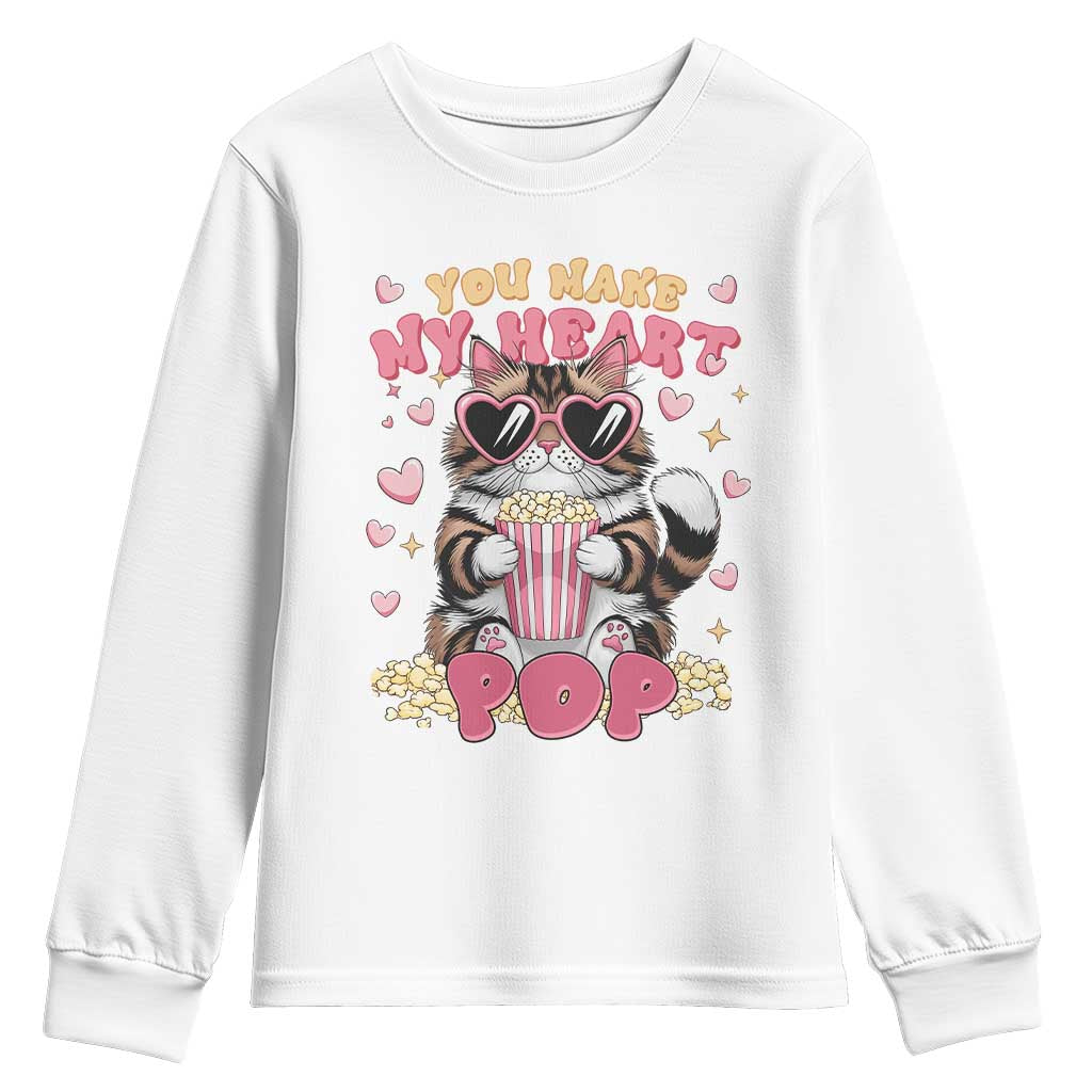 Funny Valentine's Day Youth Sweatshirt You Make My Heart Pop Cute Cat Popcorn