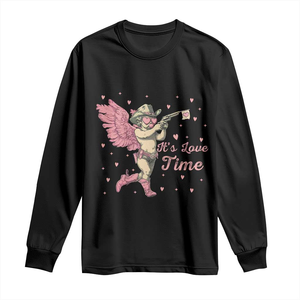Funny Valentine's Day Long Sleeve Shirt It's Love Time Cowboy Cupid