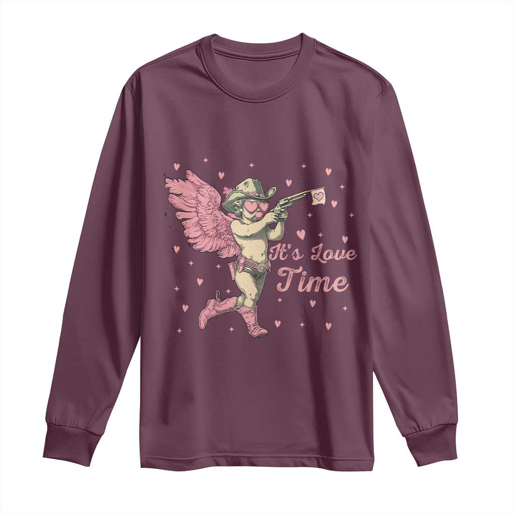 Funny Valentine's Day Long Sleeve Shirt It's Love Time Cowboy Cupid