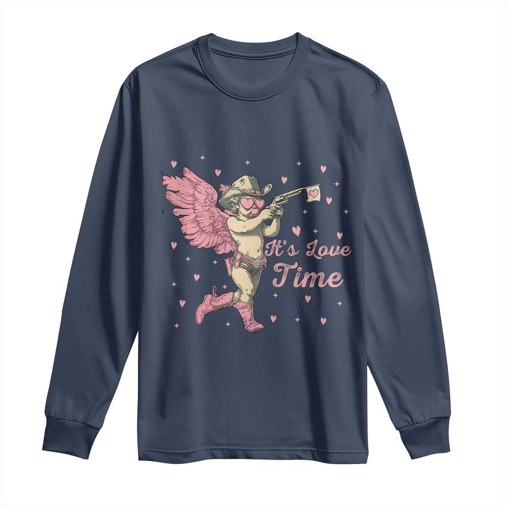 Funny Valentine's Day Long Sleeve Shirt It's Love Time Cowboy Cupid
