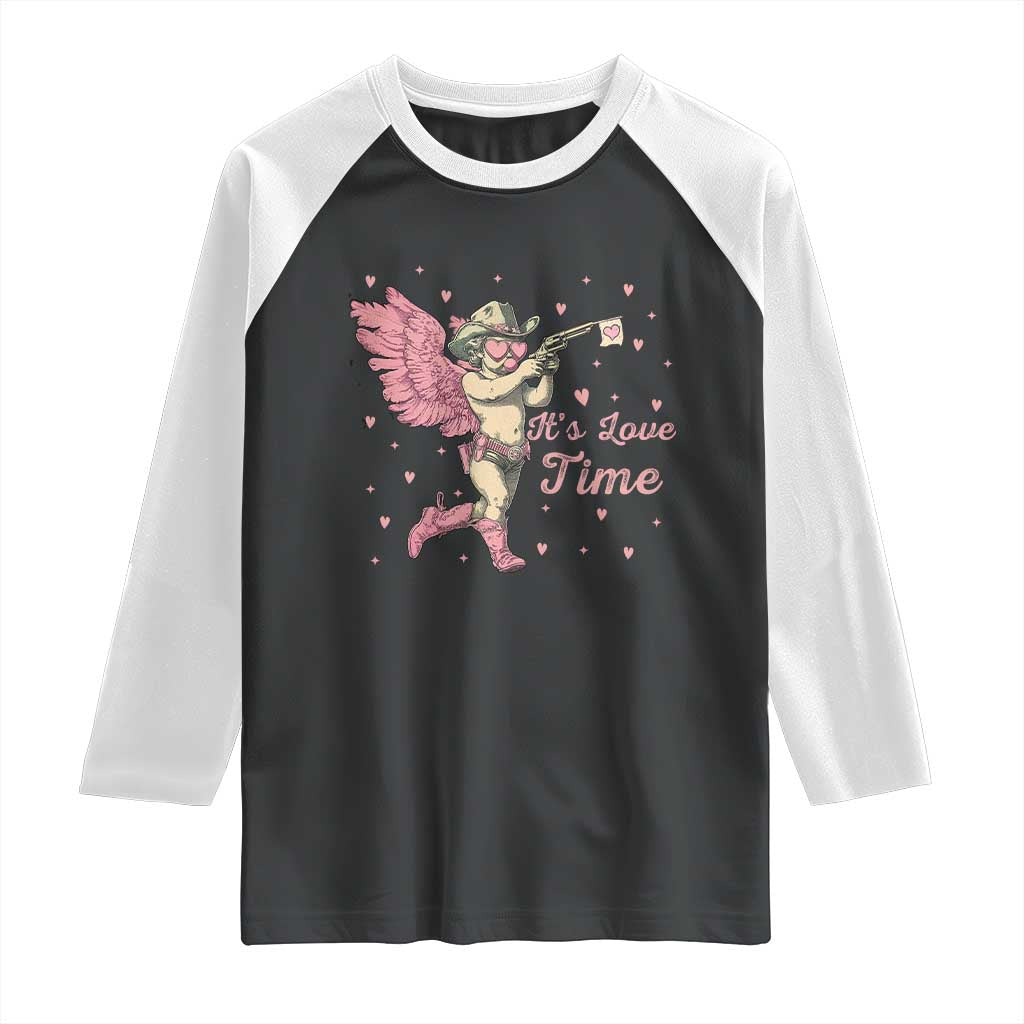 Funny Valentine's Day Raglan Shirt It's Love Time Cowboy Cupid