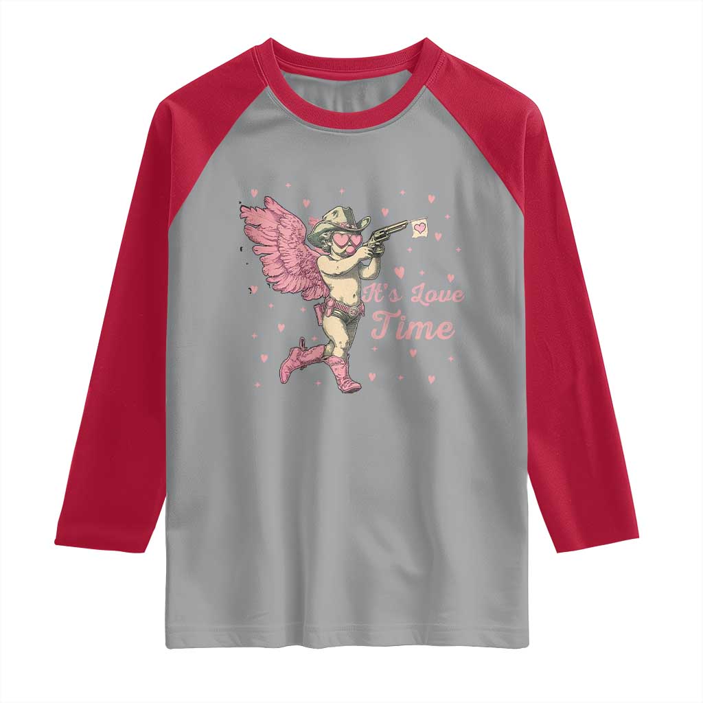 Funny Valentine's Day Raglan Shirt It's Love Time Cowboy Cupid