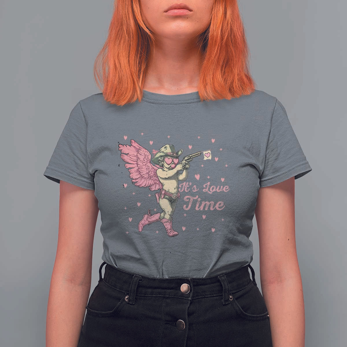 Funny Valentine's Day T Shirt For Women It's Love Time Cowboy Cupid