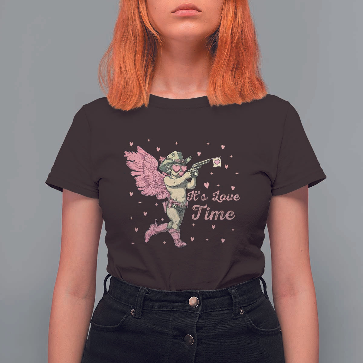 Funny Valentine's Day T Shirt For Women It's Love Time Cowboy Cupid